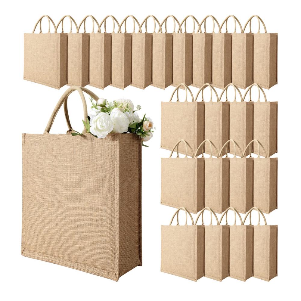 36er Set Wiederverwendbare Jute-Einkaufstaschen mit Griffen | Natürliche Farbe | Perfekt für Hochzeiten Einkäufe & Geschenke | Nachhaltige Brautjungfer-Taschen