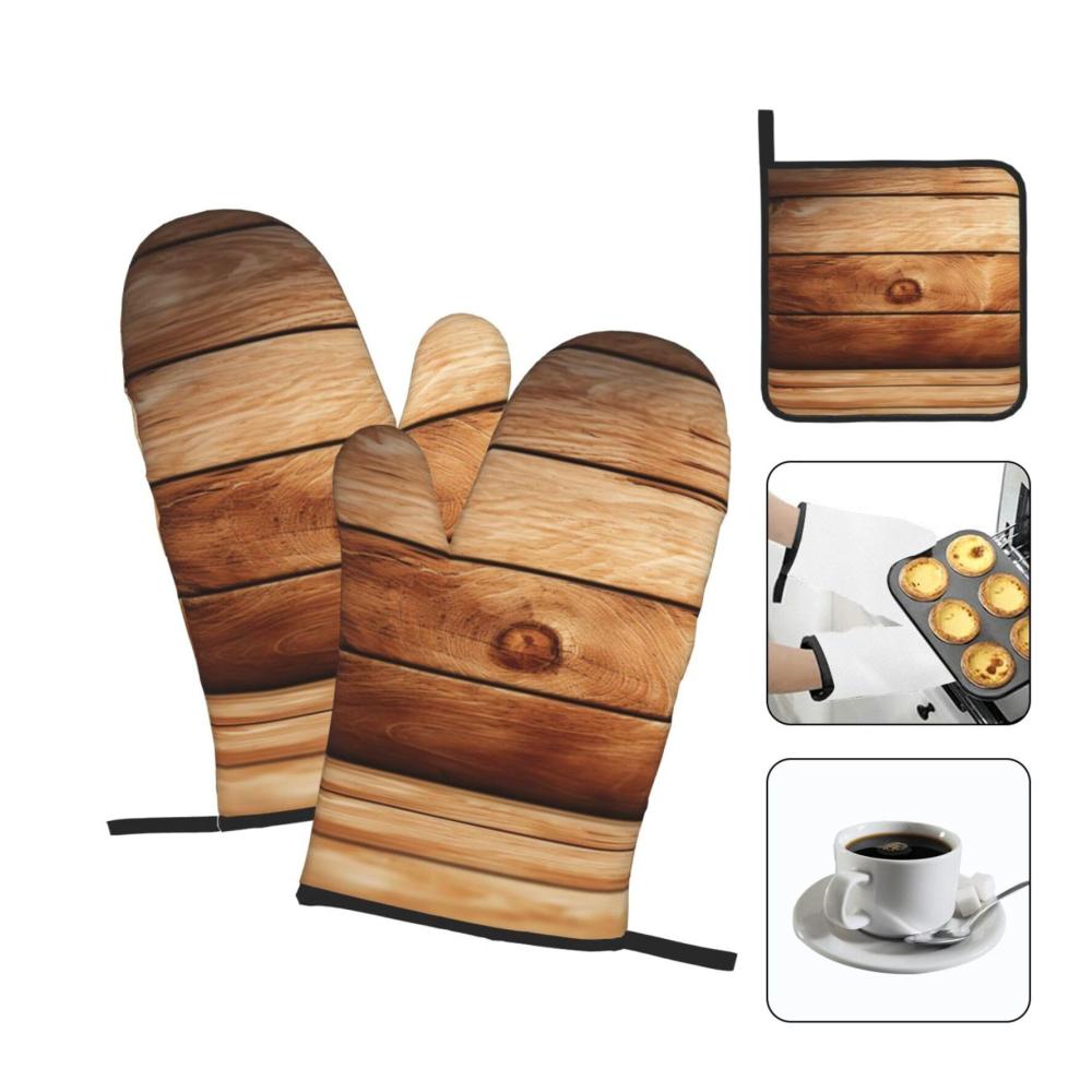 Premium Ofenhandschuhe und Topflappen aus hitzebeständigem Holz - 3er Set wasserdicht bedruckt Braun | Mit praktischer Aufhängeschlaufe | Ideales Küchenaccessoire für
