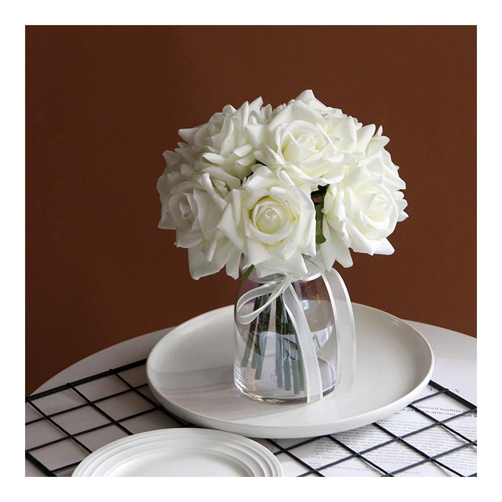 DUYONE Künstliche Rosen - 10er Set Seidenblumenstrauß mit echter Haptik für Zuhause Party & Hochzeit Dekoration - Hochwertige Kunstblumen in Weiß