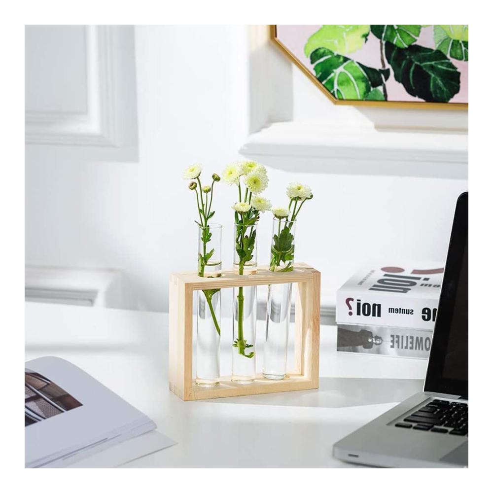 Deko Vasen Set Vintage Glas Reagenzgläser in Holzhalterung für Hydrokultur Pflanzen & Terrarium Dekoration - Perfekt für Zuhause Büro & Garten