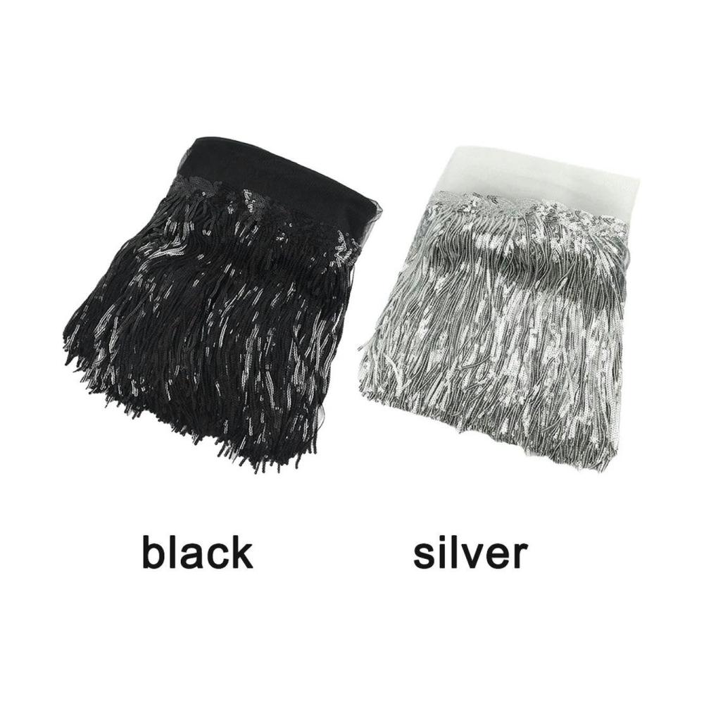10 Yard Fransen-Borten mit Pailletten Schwarz Silber Dekorationen – Perfekt für DIY Kleidung Vorhänge und mehr! Hochwertige Stickerei Polyester Nähzubehör-Silber enthalten. Entdecken Sie kreative Möglichkeiten