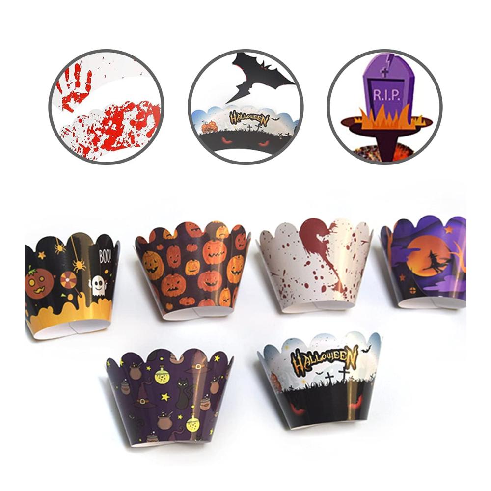 48 Stück Einweg-Backbecher Halloween Cupcake Dekoration Kürbis Spinne Schädel Zauberer Muffin | Handgefertigte DIY Zahnstocher Flaggen für gruselige