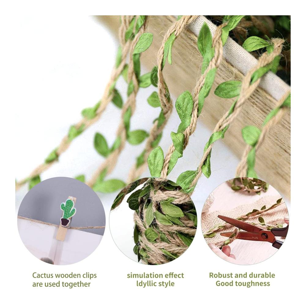 2 Rollen Juteschnur mit Blatt | Natürliche Pflanzen-Deko für Hochzeit & DIY Kunsthandwerk | Künstliche Blätter & Holzclips inklusive | Garten- und