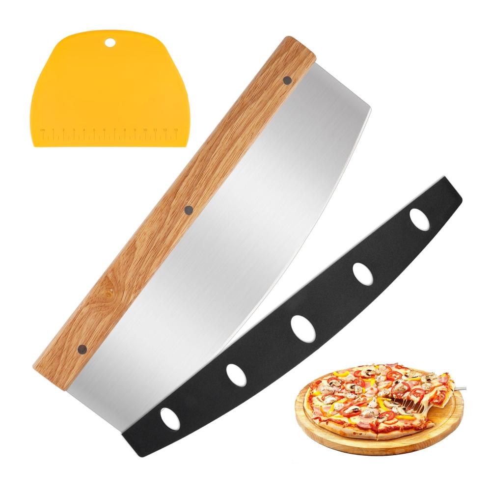 Profi Pizzaschneider Set mit Holzgriff | 32 cm Pizzamesser & Teigschaber | Edelstahl Zubehör für perfekte Pizzaschnitte | Inklusive scharfem Wiegemesser für müheloses Schneiden von Teig und Crêpes