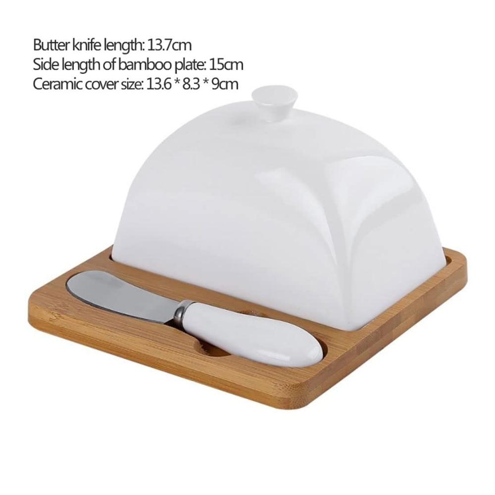 Keramik Butterdose mit Buttermesser und Kuchen-Holztablett | Stilvolle Aufbewahrungsbox für Butter Käse und mehr | Küchenaccessoire von Keeder