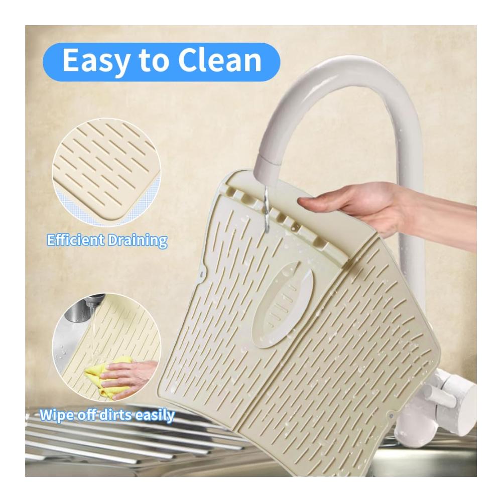 Abtropfhalter & -ständer Faltbare Silikon Abtropfmatte 47x34cm Beige - Hitzebeständige Trocknungsmatte für Tisch & Küchenutensilien - Besteck