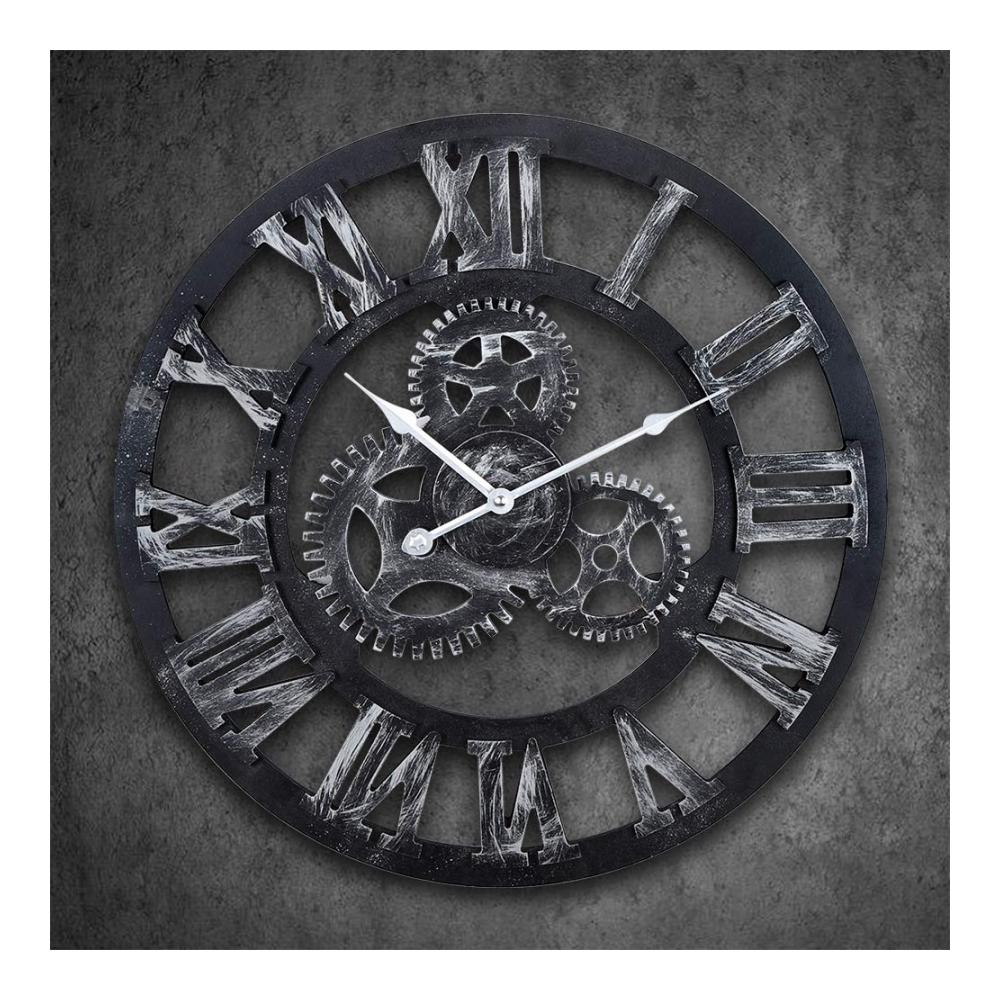 Vintage Industrial Wanduhr – Rustikale 3D Mechanische Uhr mit Römischen Ziffern – Dekorative Steampunk Uhr für Wohnzimmer und Büro – Geräuschloser Quarzmechanismus – 45cm Durchmesser