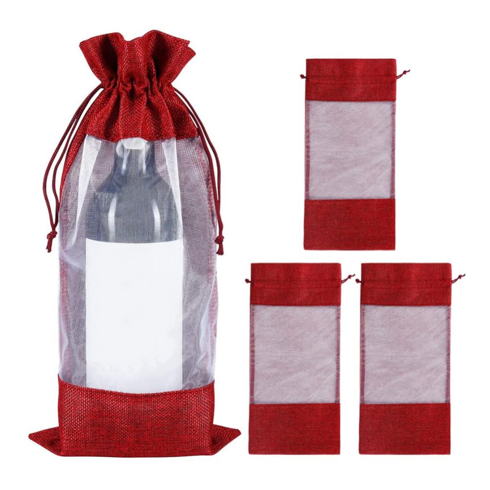4er Pack Flaschenkörbe & -träger Weinflaschenabdeckung und Tasche aus Sackleinen mit Fenster und Kordelzug für stilvolles Servieren auf Partys zu Hause (Rot