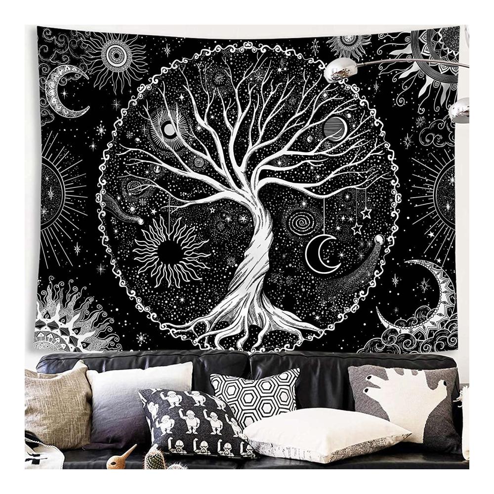 Ätherisches DÉCOCO Baum des Lebens Galaxie Wandteppich – Ästhetische Wohnaccessoires & Deko für Schlafzimmer – Schwarz-Weiß Wandbehang (180x230 cm