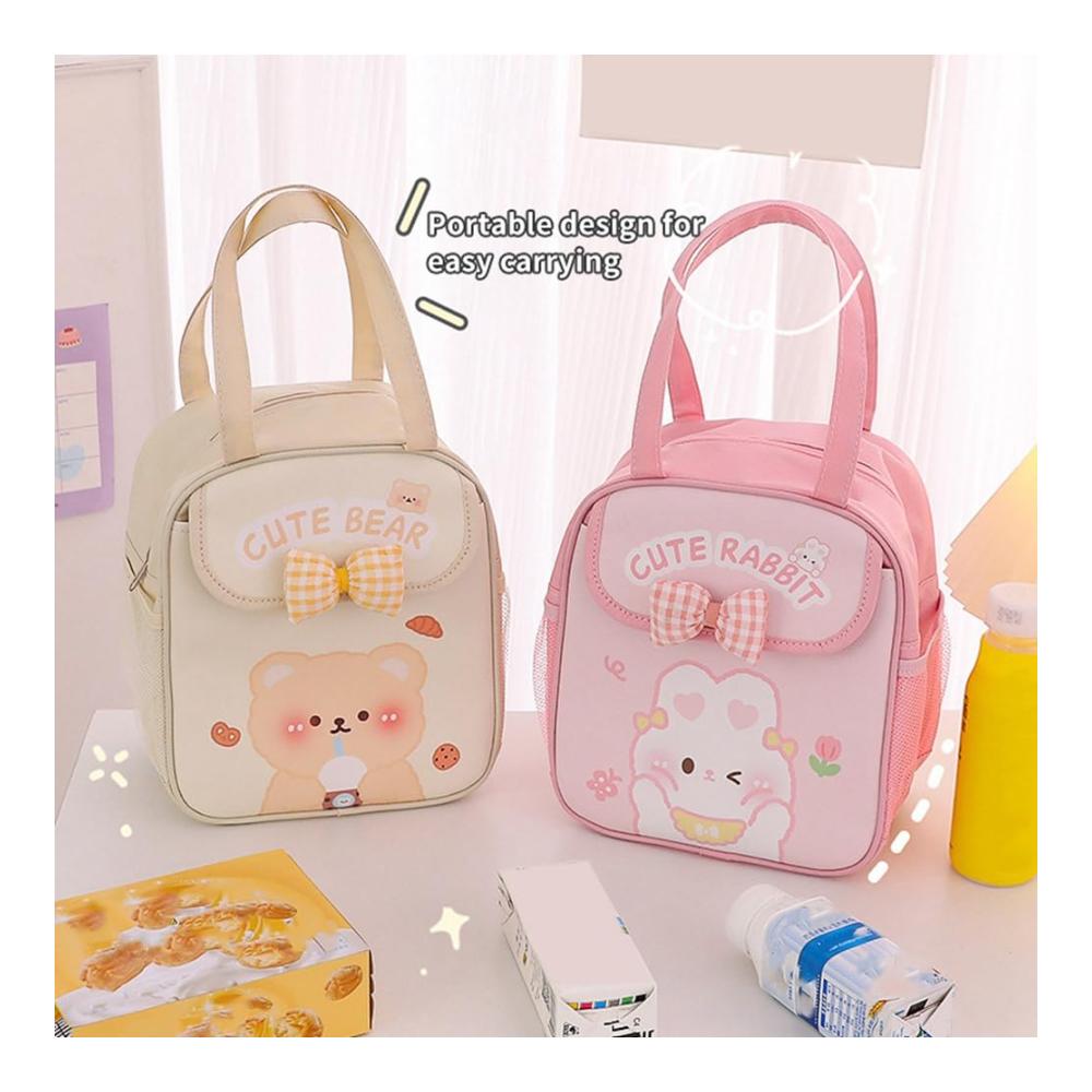 Entzückende Lunch-Tasche für Mädchen | Süße Isolierte Tragetasche für Heiße/Kalte Speisen | Wiederverwendbare Lunchbox | Kawaii-Design | Beige | Langle