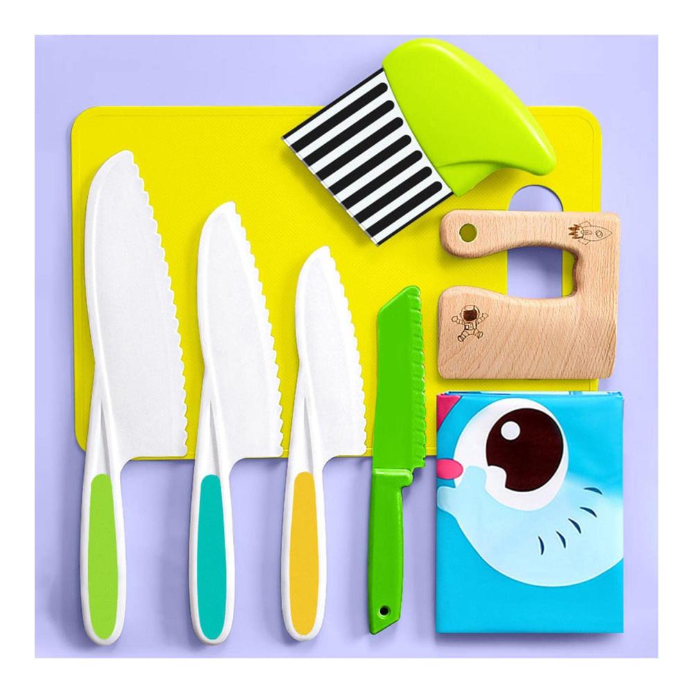 Kinder-Küchenmesser-Set aus Holz | Sicherheit beim Kochen | 8-teiliges Set mit kinderfreundlichen Wellenschliffmessern | Ideales Starter-Set für junge Köche