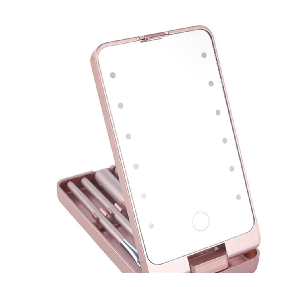 Schminkspiegel mit LED-Beleuchtung und Pinselhalterung - Tragbarer Tischspiegel für Make-up unterwegs - Klappbarer Spiegel mit Aufbewahrungsbox