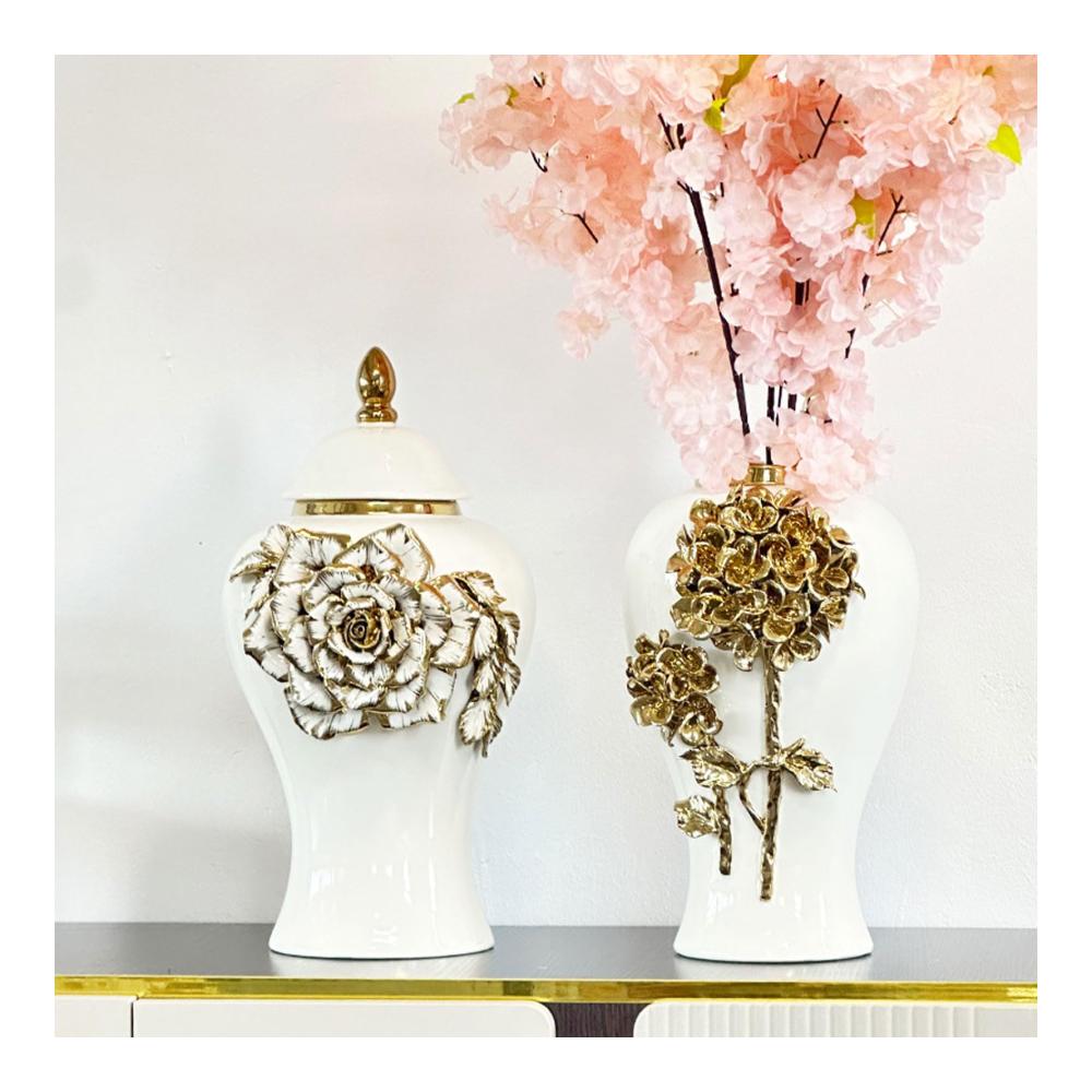 Elegante Porzellan-Ingwerglas-Vase mit Deckel | Keramik Handwerkskunst für Blumen und Aufbewahrung | Dekorative Vase für Küchenarbeitsplatte | 24.5x42.5cm
