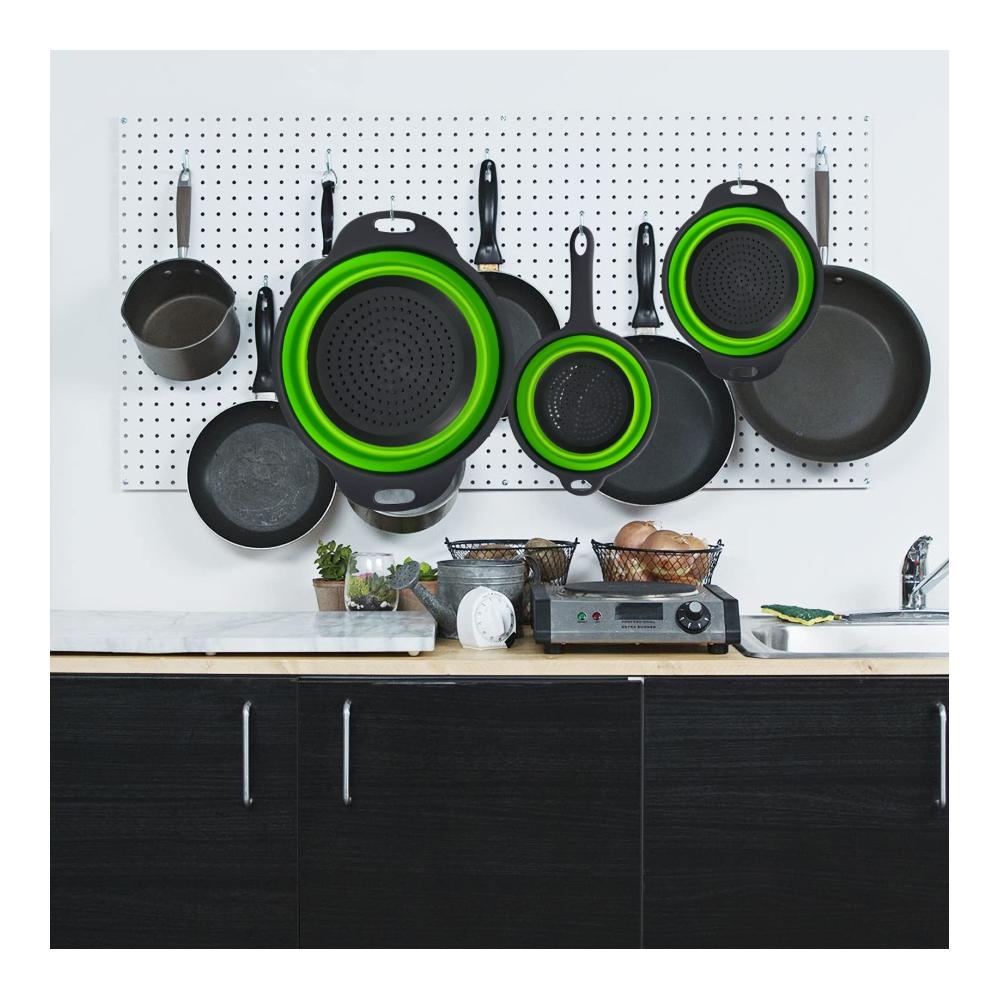 Küchenhelfer Deluxe Faltbare Siebe Set mit Griffen - 3-teiliges Silikon Abtropfsieb Trio für Nudeln Gemüse & Obst - Platzsparendes Klapp-Sieb-Set