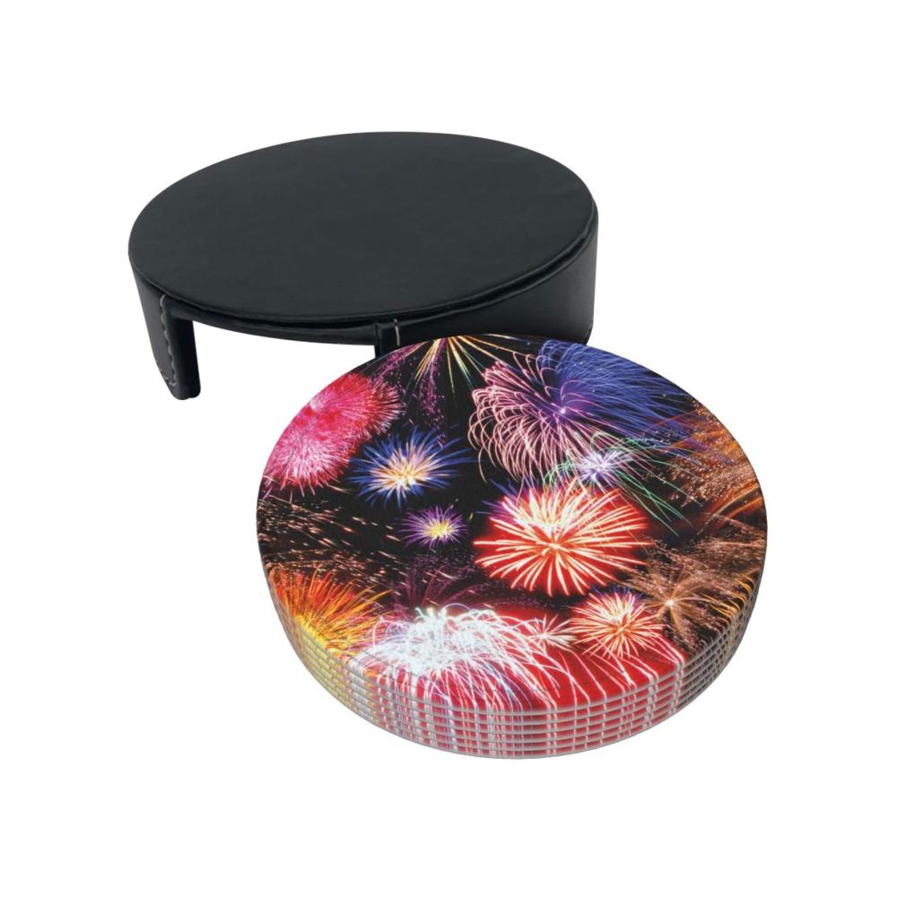 Exklusive Leder Untersetzer Set 6 Stück mit faszinierendem Feuerwerk-Design | Hochwertige runde Getränkeuntersetzer für Zuhause und Büro | Stilvoller Schutz für Ihre Oberflächen