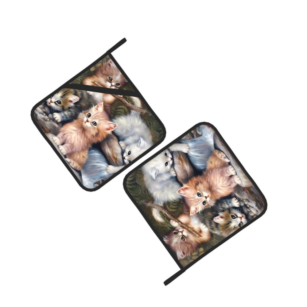 Niedliche Katzenmotiv Topflappen & Ofenhandschuhe Set - Hitzebeständig & Rutschfest für Küche Kochen Backen & Grillen - Praktische Taschen - 2 Stück