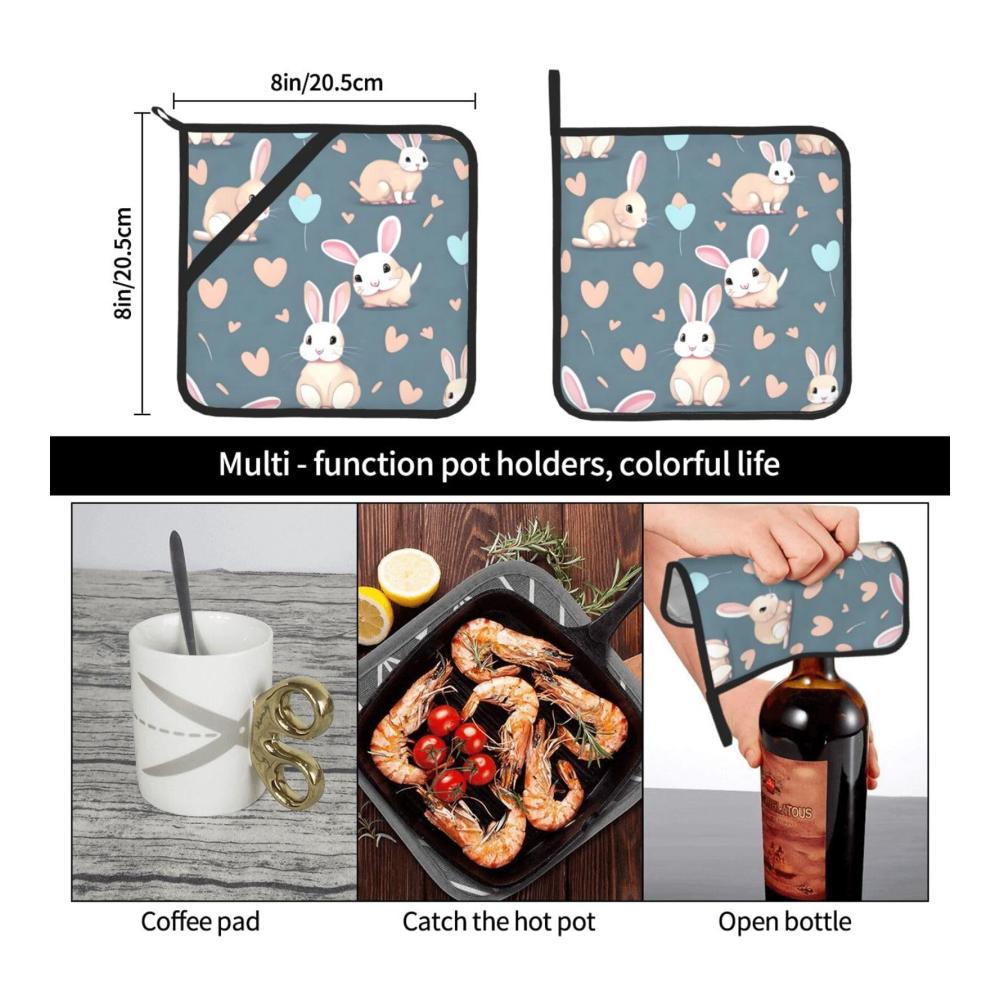 Entdecken Sie Komfort und Stil 2er-Set Quadratische Topflappen mit Cartoon-Hasenmotiv - 203 x 203 cm. Dick langlebig verbrühungssicher und leicht zu reinigen. Perfekter Schutz für Ihre Hände in der Küche! Ideales Geschenk für Kochliebhaber