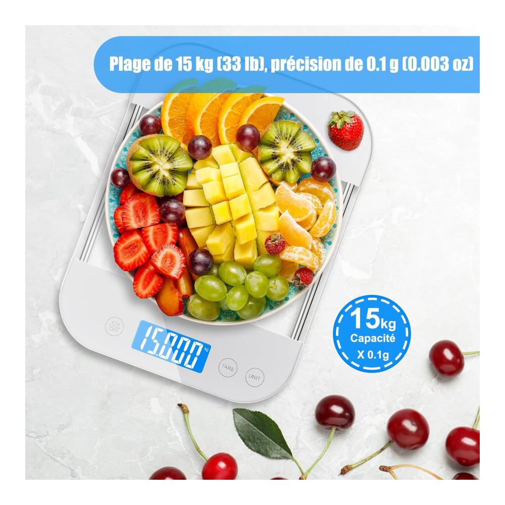 Digitale Küchenwaagen Präzise 15kg Haushaltswaage mit Wasserdichtem Glaspanel Sensor-Touch und Typ-C Aufladung. Inklusive Batterien für müheloses Backen und Kochen