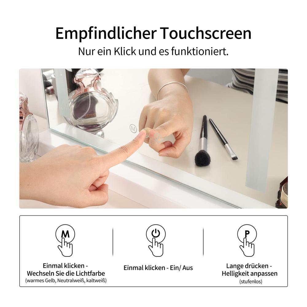 LED Tischspiegel mit USB-Ladefunktion | 43x61cm Schminkspiegel für Große | Touch-Steuerung & 3 Lichtfarben | Makeup-Spiegel Hochkant für Perfektes Styling | Weiß
