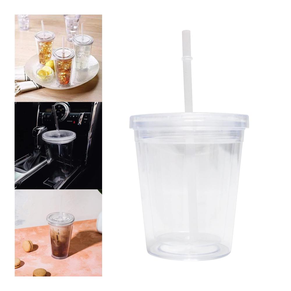 Genießen Sie Unterwegs! 350ml Doppelwandiger Strohbecher - Wiederverwendbarer BPA-freier Hartplastikbecher mit Deckel und Strohhalm - Ideal für Reisen und unterwegs