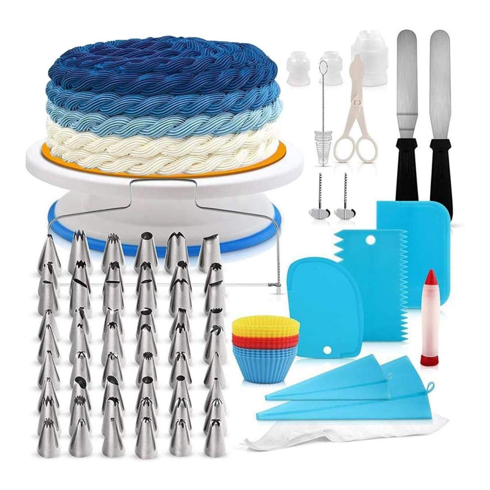 Ultimatives Tortendekorationsset 106-teiliges Backzubehör mit 54 Edelstahl-Spritztüllen 25 Einweg-Spritzbeuteln 2 Silikon-Piping-Taschen 3 Adaptern 12 Muffin-Förmchen 6 Teigschabern & 1 Dreh
