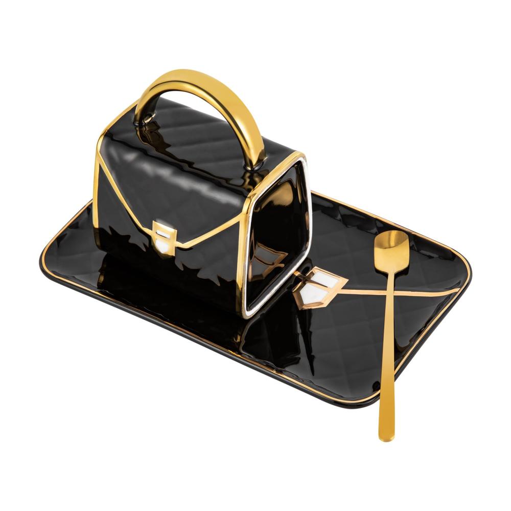Luxus Cappuccino Tassen Untertassen Set mit Löffel - 310ml Handtasche Design Porzellan & Keramik für Kaffee & Tee Schwarz & Gold