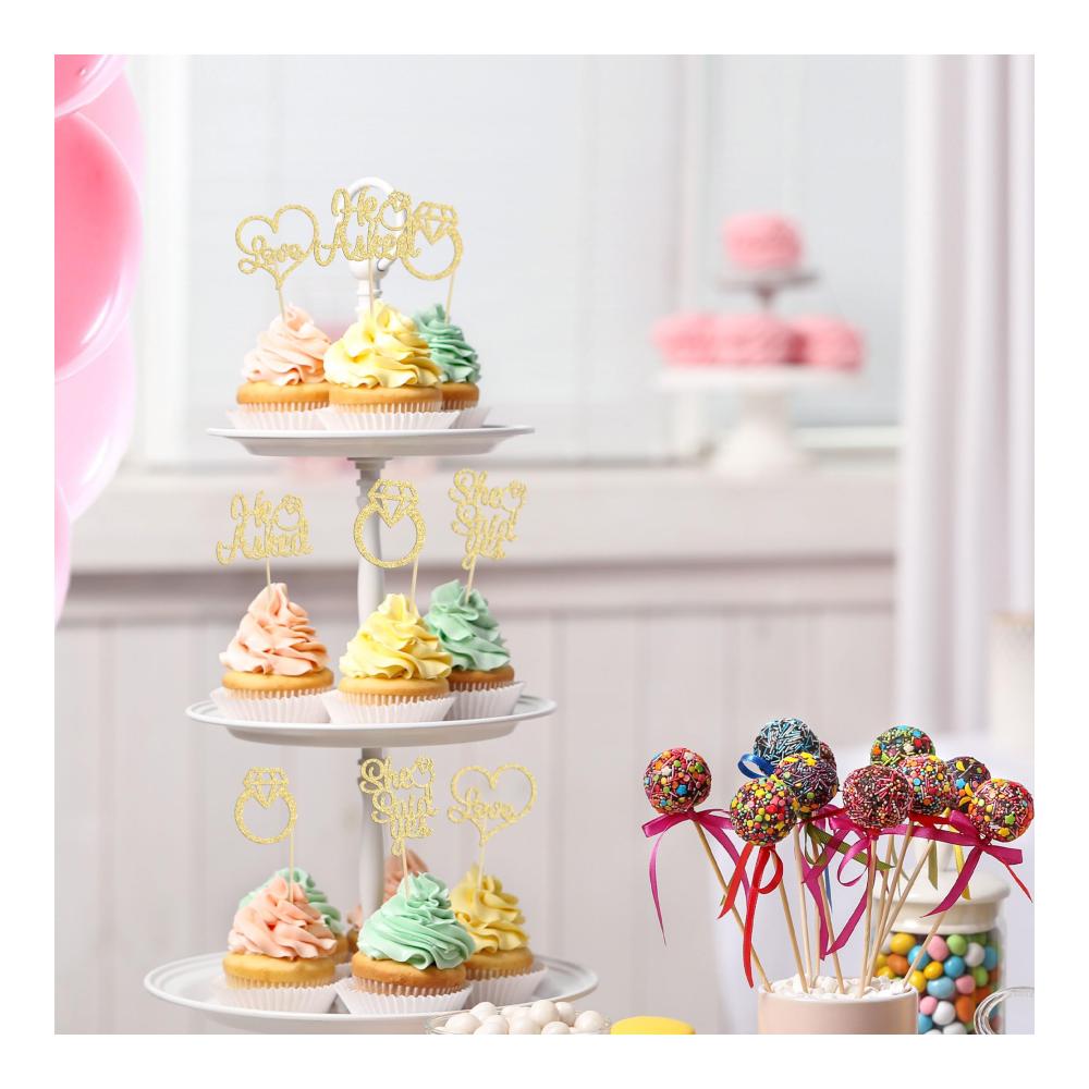 Tortendekorationssets Goldene Cupcake-Topper mit He Asked She Said Yes Aufschrift für Hochzeit Verlobung und Partys - 24 Stück Glitzer Diamant Ring Herz Liebe