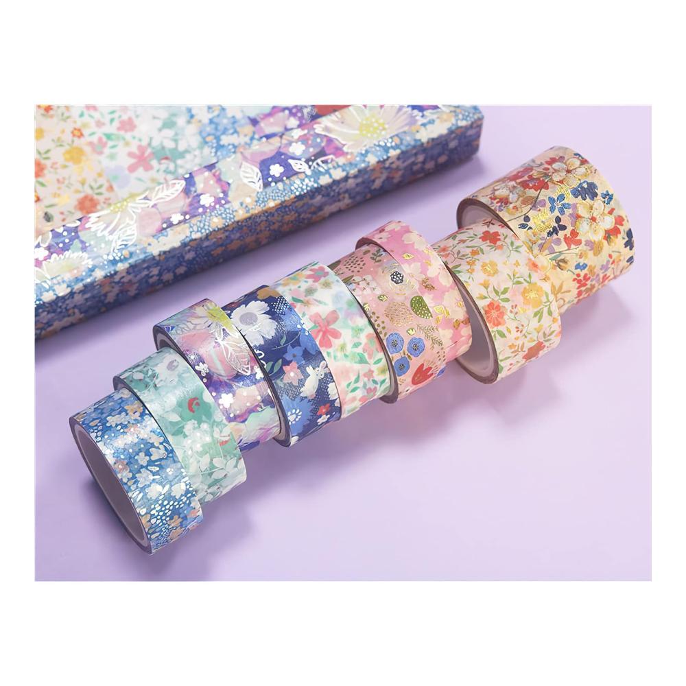 Entdecken Sie kreative Vielfalt! 9 Rollen Floral Washi Tape Set - Bunte Blumenmuster mit Goldfoliendruck 10/15/20/30 mm breit. Perfektes Klebeband für Scrapbooking Bullet Journaling und Geschenkverpackung (4m pro Rolle). Dekorieren Sie mit Stil