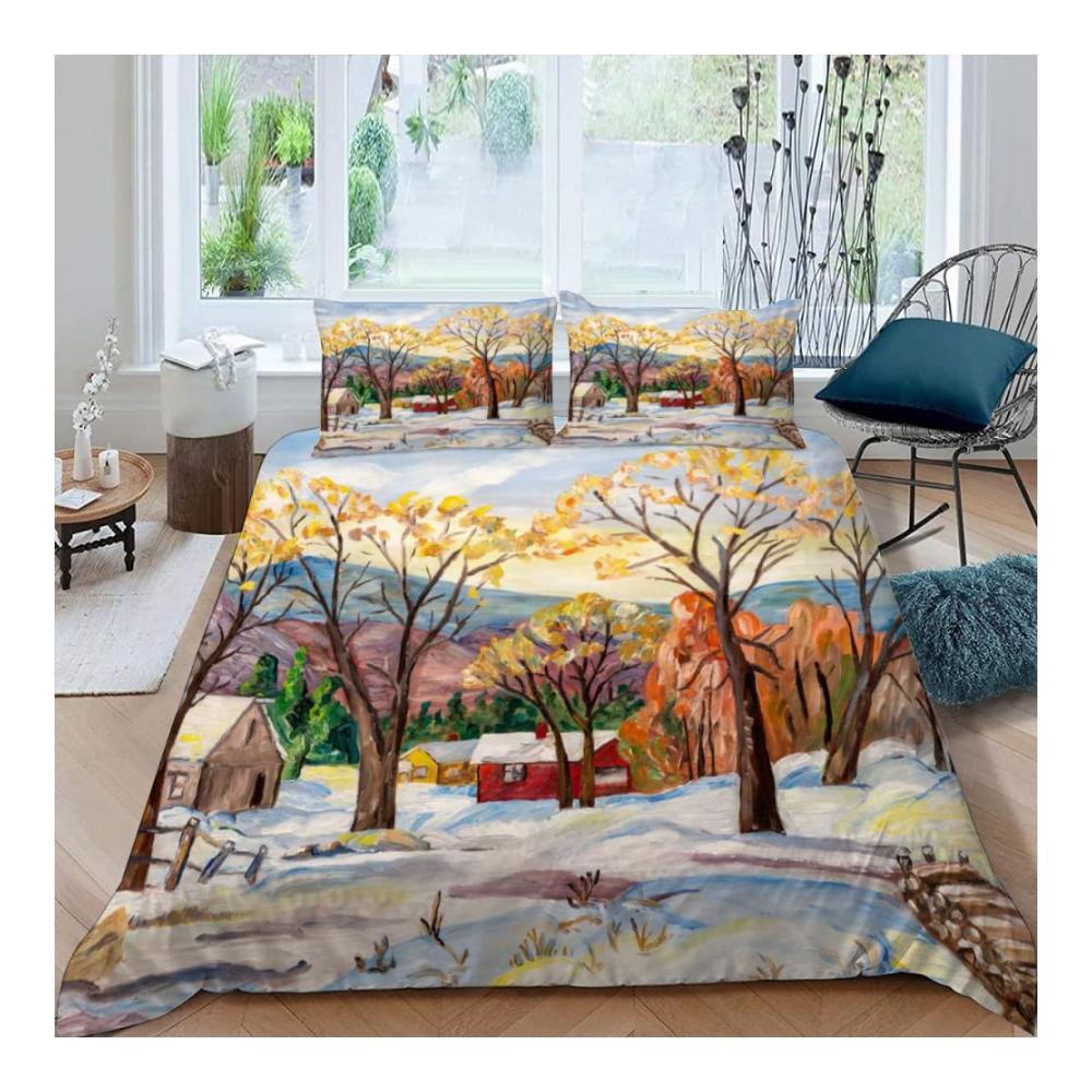 3D Bettwäsche-Set Winterdorf | 3-teiliges Bettbezug Set | Weiche Mikrofaser | 200x200/80x80cm×2 | Bettwäsche mit Reißverschluss | Für Erwachsene & Teenager | Gemütliche Bettwäsche-Sets