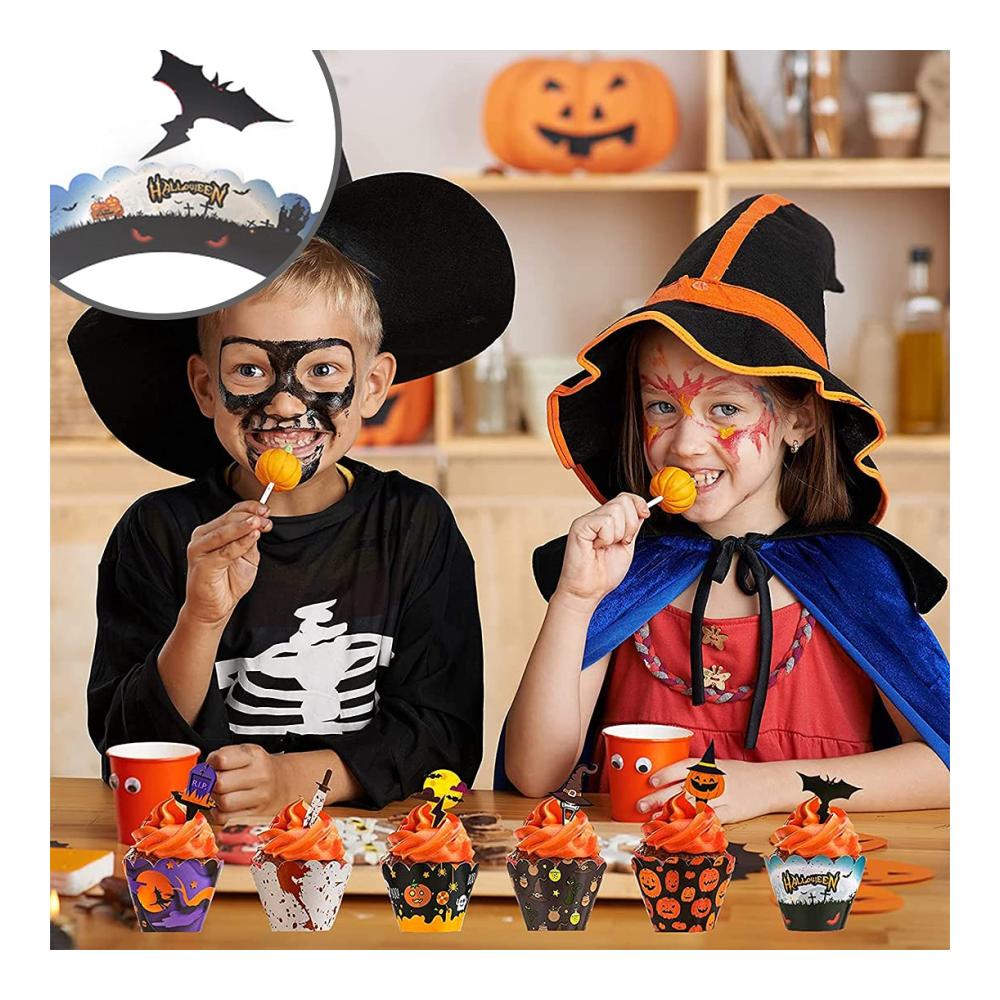 48 Stück Einweg-Backbecher Halloween Cupcake Dekoration Kürbis Spinne Schädel Zauberer Muffin | Handgefertigte DIY Zahnstocher Flaggen für gruselige