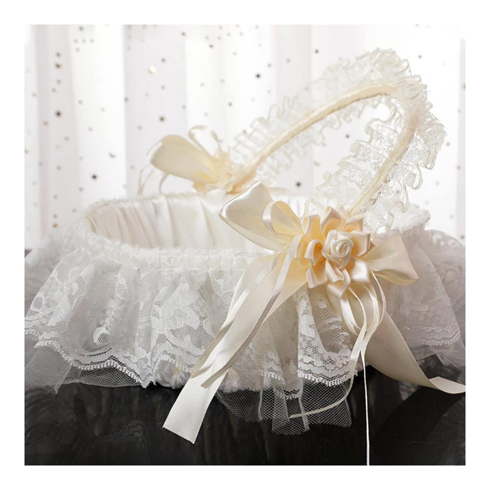Handgefertigter Romantischer Blumenmädchenkorb aus Elfenbein mit Spitzengriff und Satinblumen | Ideal für Hochzeiten & besondere Anlässe | Hervorragendes Accessoire für zauberhafte Blumenmädchen (NA 1