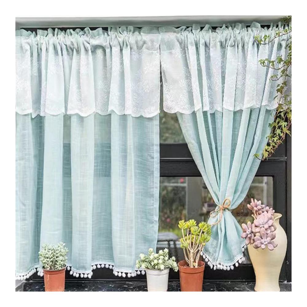 Entzückende Scheibengardine Spitze Bistrogardine mit Pompom-Dekor für kleine Fenster in Küche & Wohnzimmer - Landhausstil Vorhang Schals - Einzelstück (180x60cm) - Frische Eleganz für Ihre Fenster
