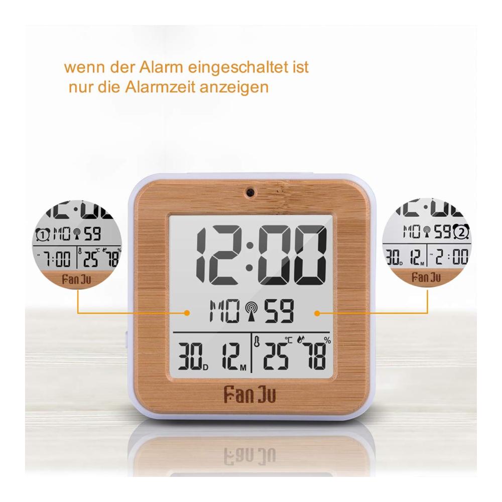 ALLOMN Digitalwecker mit DCF-Funk Temperatur Luftfeuchtigkeit Schlummerfunktion & Hintergrundbeleuchtung - Intelligente Reiseuhr für Tisch & Nachttisch (Holzoptik AA-Batterie