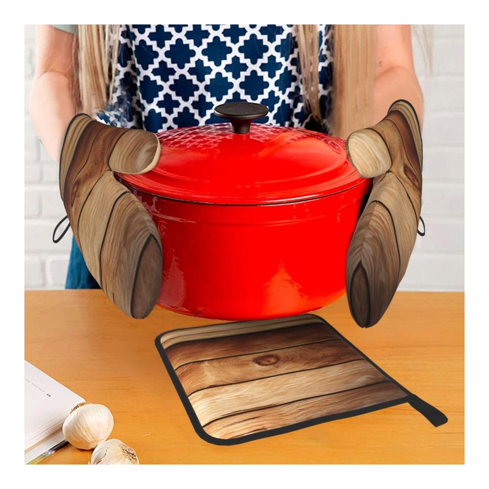 Premium Ofenhandschuhe und Topflappen aus hitzebeständigem Holz - 3er Set wasserdicht bedruckt Braun | Mit praktischer Aufhängeschlaufe | Ideales Küchenaccessoire für