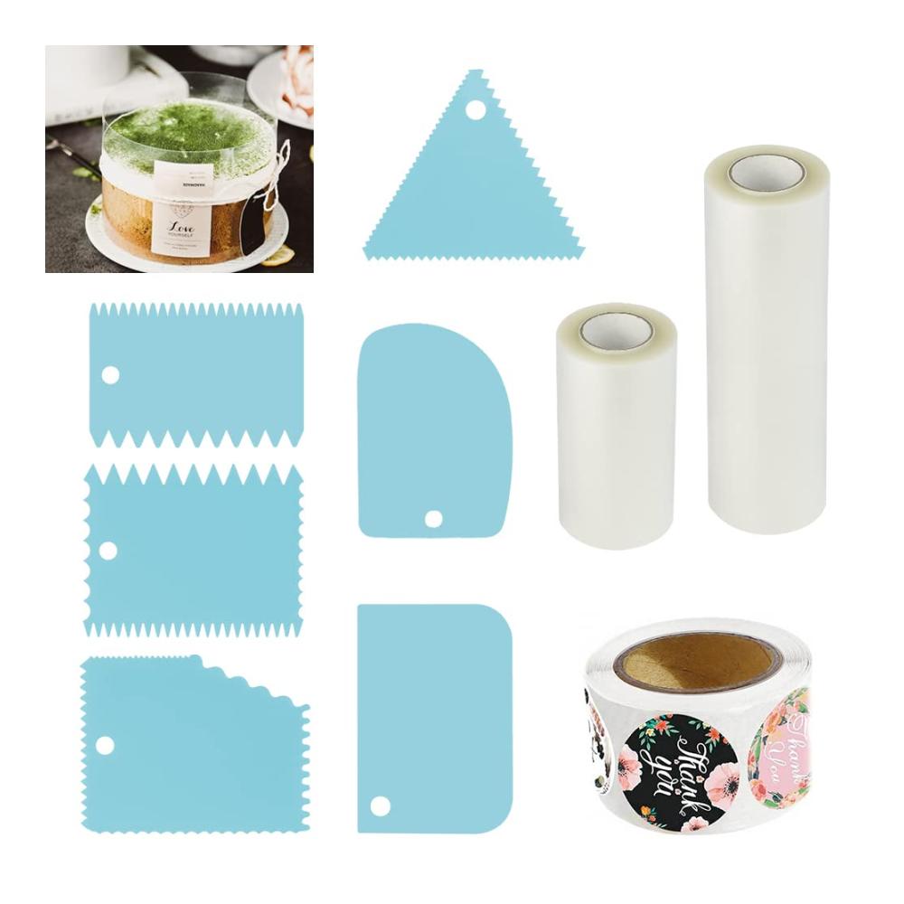 Backzubehör Modellierwerkzeug-Set mit 2 Rollen Tortenrandfolie 6 Cremeschabern & Etiketten - PP Tortenfolie 8/15cm - Transparente Acetat-Rolle für Kuchen Schokolade & mehr