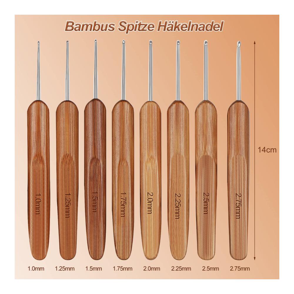Aeelike Häkelnadeln Set aus Bambus - Leichtgewichtige Dünnhäkelnadeln für Arthritiker - Inklusive Edelstahlhäkelnadeln von 1.0 bis 2.75 mm - Perfekt für Feine DIY Projekte Spitzenstricken und Perlenaufziehen