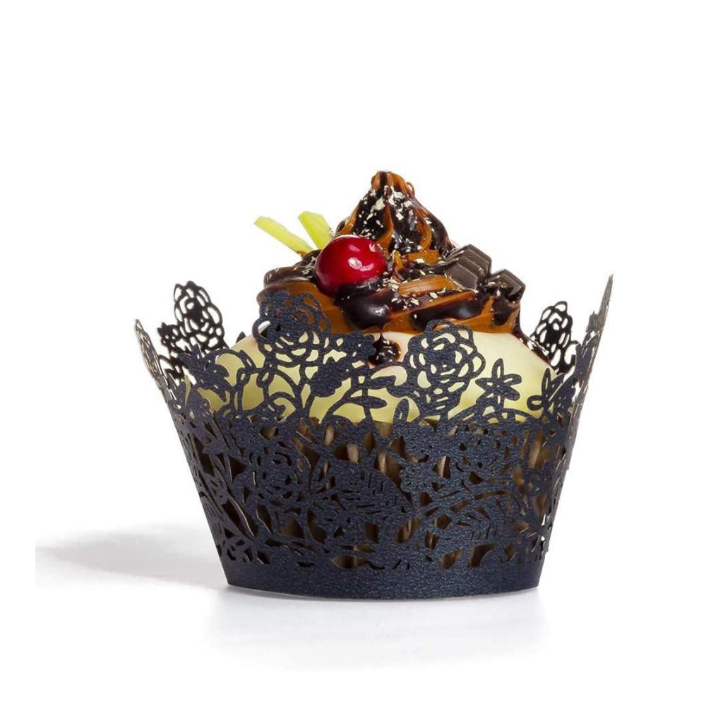 Einweg-Backbecher 100 Stück mit hohler Rosen-Spitze | Perfekte Cupcake-Halter für Hochzeit Geburtstag & Partydekoration | Backen & Servieren leicht gemacht | Umweltfreundliches Material | Schwarz