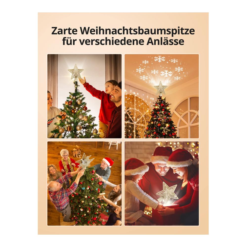Erleuchten Sie Ihre Weihnachtszeit mit einem Stern! Goldener LED-Schneeflocken-Projektor für den Weihnachtsbaum. Top Spitzenqualität 180° drehbare Musterprojektion. Perfekter Christbaumspitze Weihnachtsschmuck