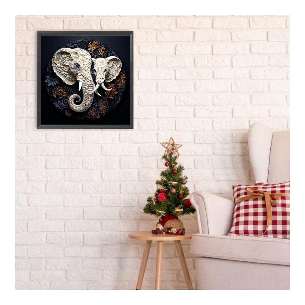 Kreatives DIY-Glasmalerei-Set 5D Diamantgemälde - Weiße Elefant-Reliefs im runden Bohrer-Stil für Heimdekoration - 30 x 30 cm