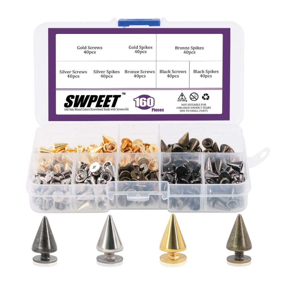 Swpeet 160er Set 4 Farben Leder Spikes & Nieten 7x9.5mm | Metall Schraubverschluss für DIY Handwerk | Punk Rock Zubehör für Lederbearbeitung