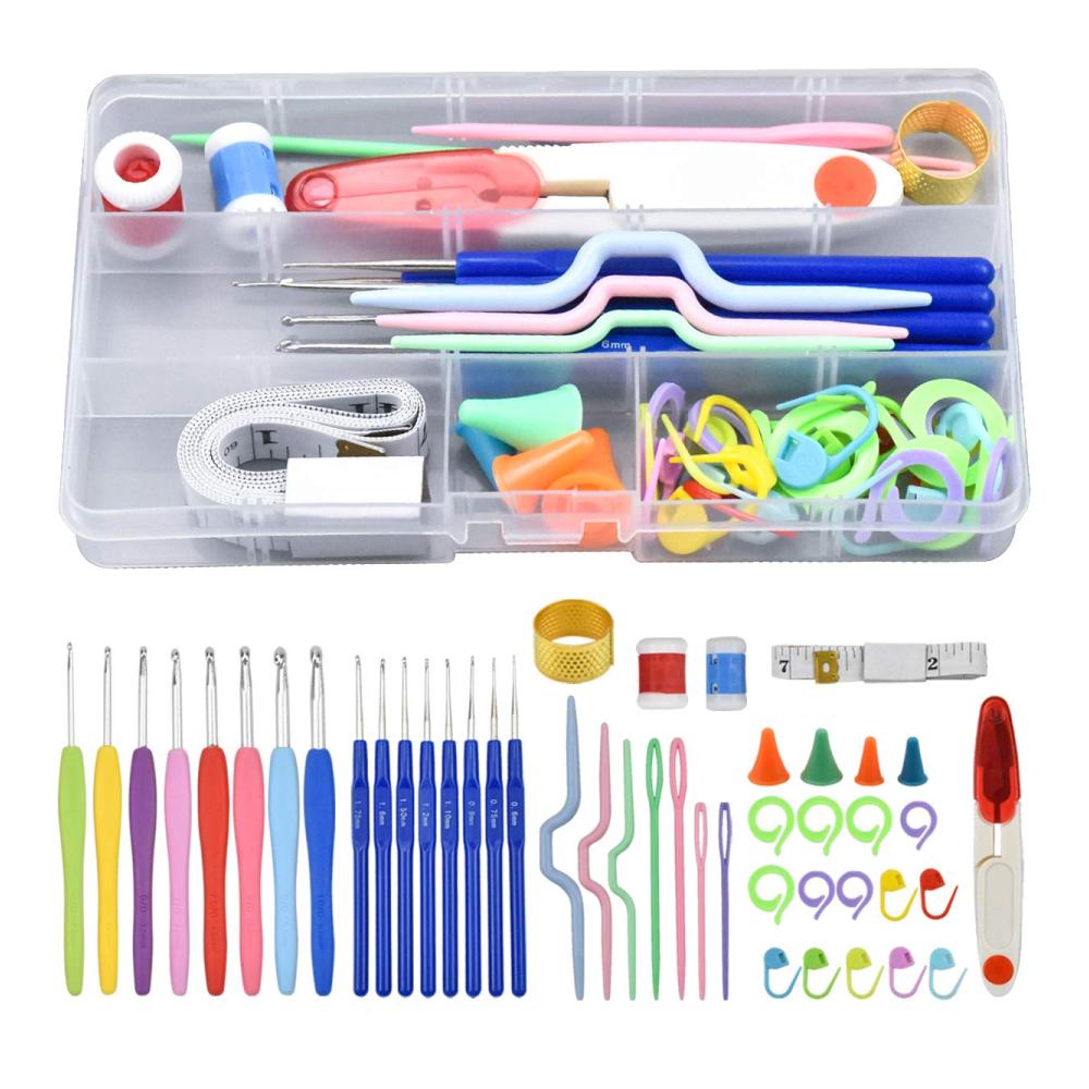Bunte Häkelnadeln Set - 16-teiliges Stricknadel-Kit mit ergonomischem Design und Zubehör in praktischer Plastikbox - Perfektes Geschenk für Häkelfans und Näherinnen