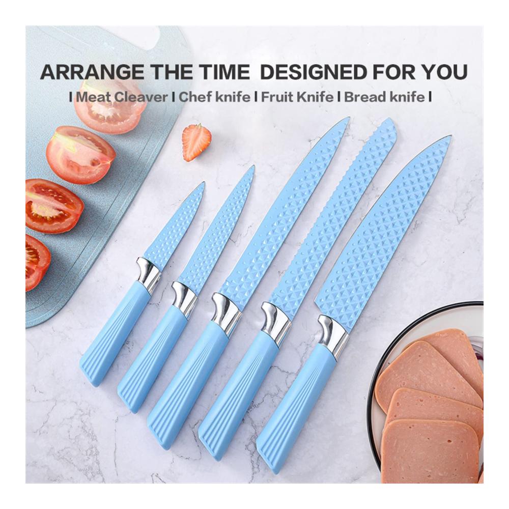 Professionelles Edelstahl-Küchenmesserset - 6-teiliges Set mit scharfen rosa Klingen und blauem ABS-TPR-Griff - Ideales Werkzeug für Fleisch Fisch und Obst - Hochwertiges