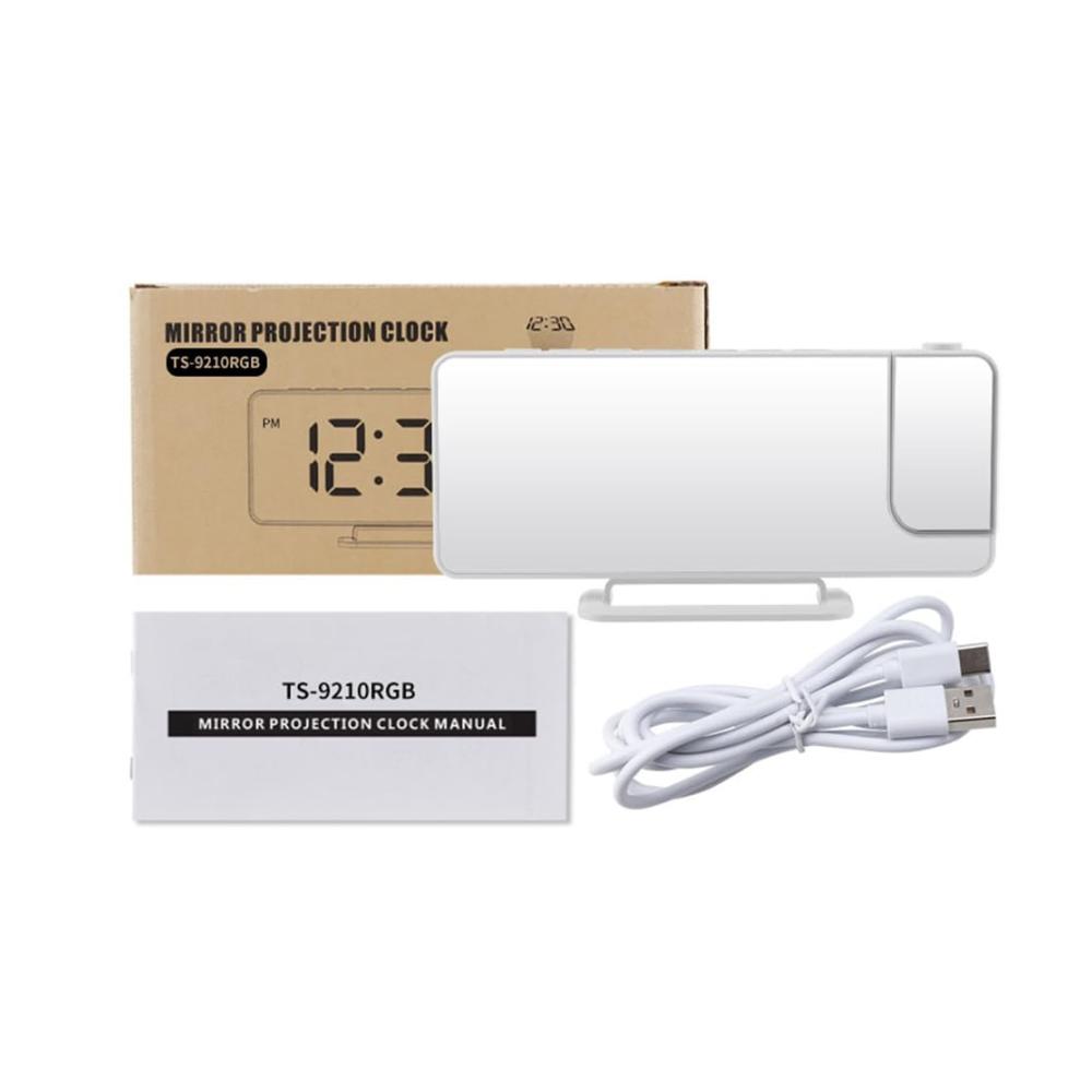 Erweiterter Projektionswecker 18 cm (73 Zoll) LED-Spiegelbildschirm 180° drehbar USB-Port Schlummerfunktion 6 Helligkeitsstufen. Moderne Digitaluhr für den Nach
