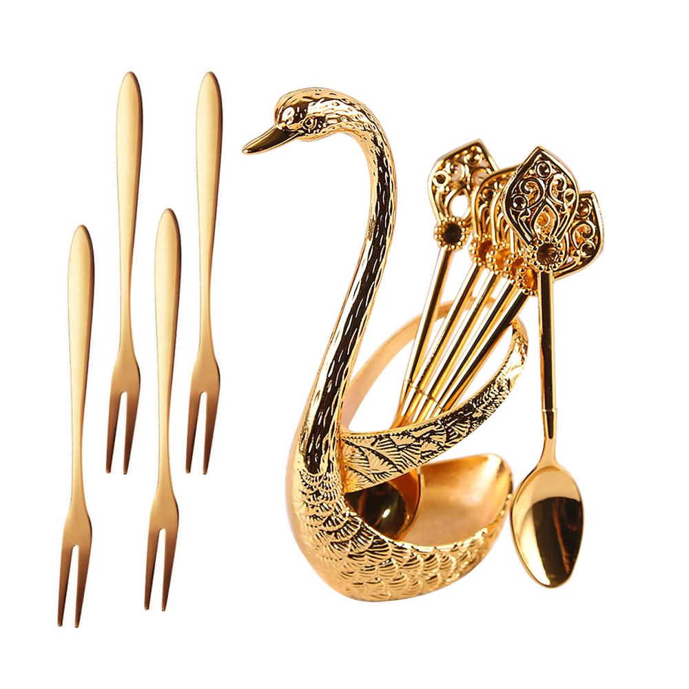 Exquisites Besteckset Goldene Kaffeelöffel und Dessertlöffel mit elegantem Schwan-Design - Perfekt für besondere Anlässe und Dekorationen - Hochwertiges Edelstahl 6-teiliges Obstg