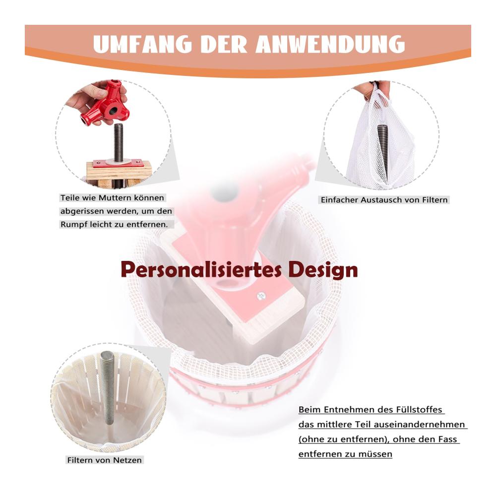 Entdecken Sie die Kraft des Pressens 6L Manuelle Obstpresse für frische Säfte und Weinherstellung - Mobile Obstmühle mit Handkurbel und Pressnetz - Perfektes Weinpressen Set für Apfelsaft Beeren und