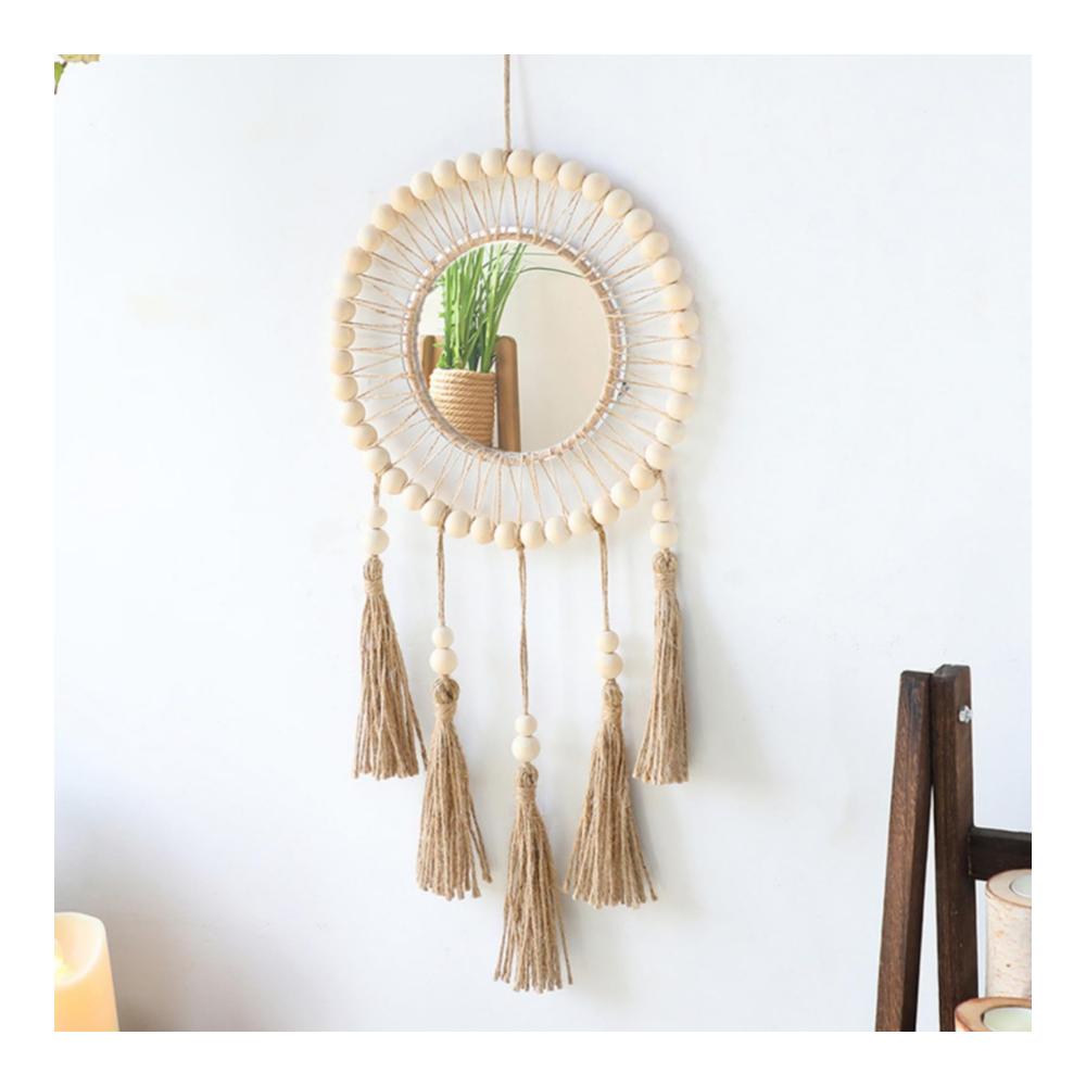 Boho Traumfänger Wandteppich Set – Handgefertigte Makramee Wanddeko mit Holzperlen Quasten & Spiegel - Dekorativer Wandbehang für ein stilvolles Zuhause - Moderne