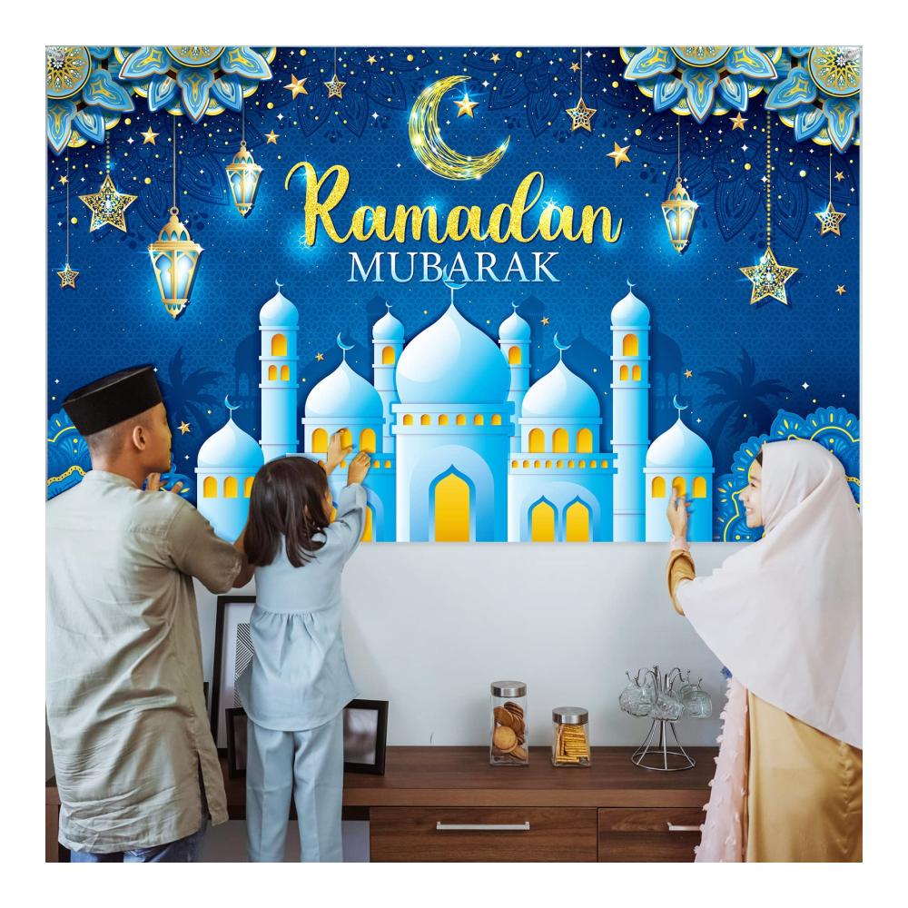 Exquisites Ramadan Dekorationsbanner - Stimmungsvolle Hintergrundgestaltung für Eid Feierlichkeiten - Muslimisches Festzubehör für zu Hause - Traditionelle Ramadan Mubarak Dekorationen (Blau