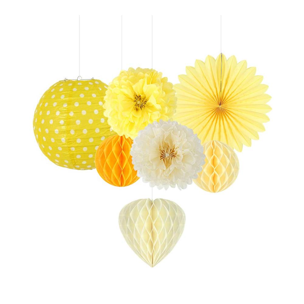 Magische Zeremonie 7-teiliges Set Gelb Serie Papier Lampion PomPoms Wabenbälle Fächer für Party Dekoration und Feiern