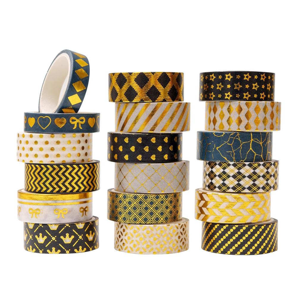 Entdecken Sie das KAVIS 18 Rollen Set Schwarzes Gold Washi Tape | Dekoratives Klebeband für Scrapbooking & Handwerk | Vintage Masking Tape in bunten Designs | Ideal für kreative Projekte