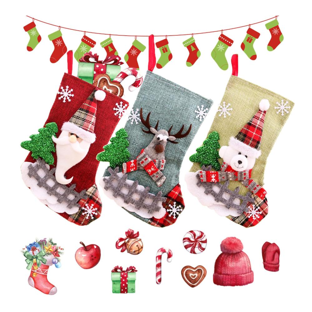 Nikolausstiefel 3er Set zum Befüllen - Weihnachtsstrumpf mit Rentier Bär und Weihnachtsmann - Süßigkeitenbeutel zum Aufhängen - Große Nikolaus Socken (23 * 15